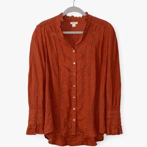Sundance Rust Cotton Boho Peasant Blouse Button Front Size Small